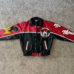 Vintage 90's Mickey Mouse Full Leather Bomber Jacket Coat Unisex Sz L RARE